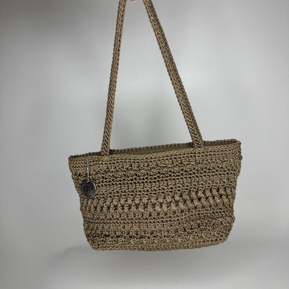 The Sak Vintage Crochet Shoulder Small Bag Boho Braided Handles Brown Neutral - Picture 2 of 16